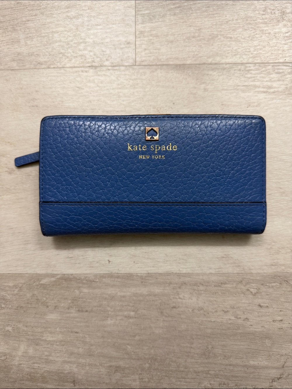 Kate Spade blue pebbled leather continental wallet with gold logo